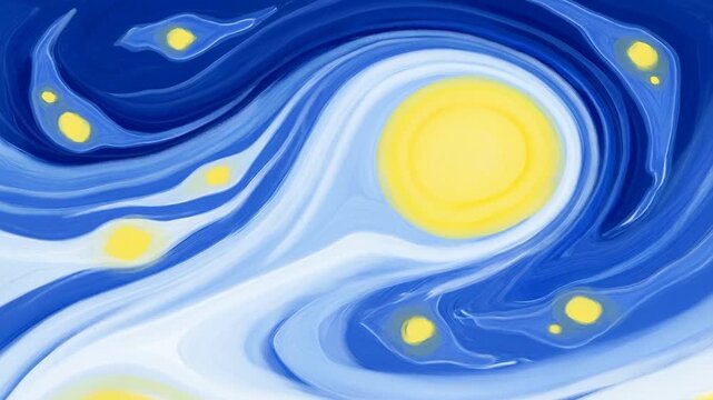 Abstract blue and white fluid swirls flow around bright yellow circles in a digital composition. Digital design, event screen decoration, and social media graphics.