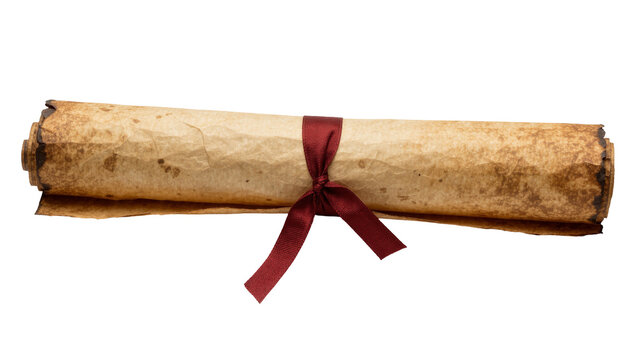 Rolled antique parchment scroll tied with a dark red satin ribbon