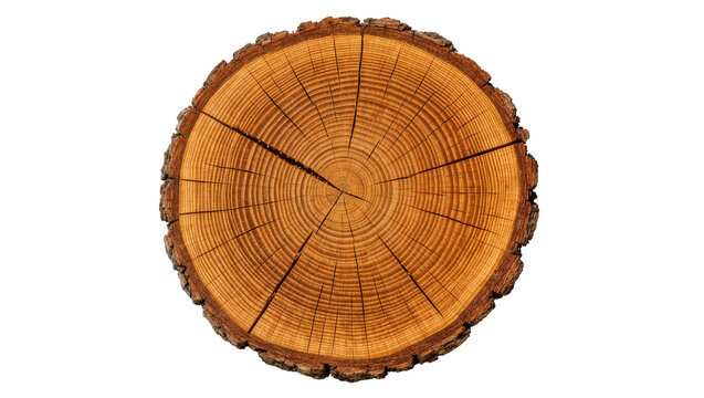 Circular cross section of a tree trunk with visible growth rings and rough bark