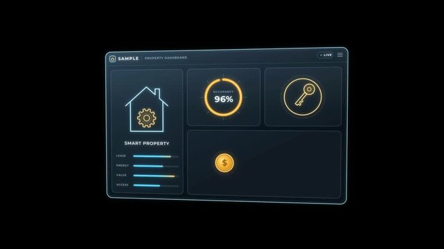Property dashboard in neon outline style draws a house icon, occupancy ring and tokenized assets on black