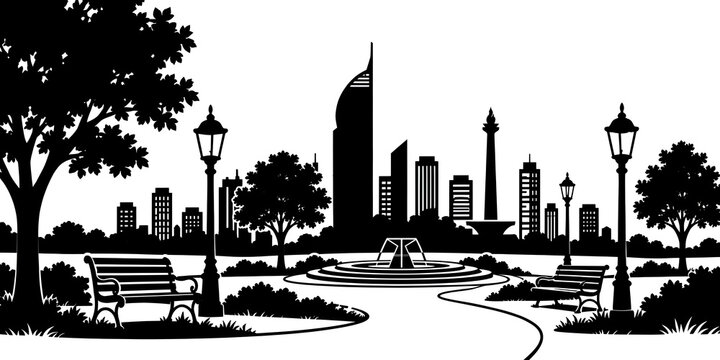 Jakarta city park silhouette with Monas, city skyline, fountain, and benches vector illustration