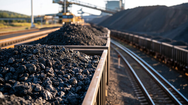 Open top freight rail wagons filled with textured black coal along parallel tracks at an industrial material loading depot, aerial three-quarter view showing mineral heaps and rail