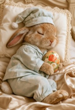 fluffy brown baby rabbit sleeping in a bed, wearing a pastel blue pajama and hugs a hand painted Easter egg 