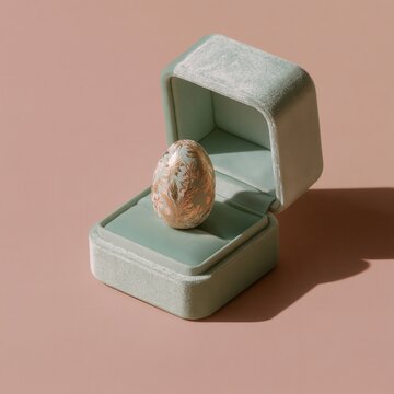 decorated Easter egg inside an elegant open jewelry ring box