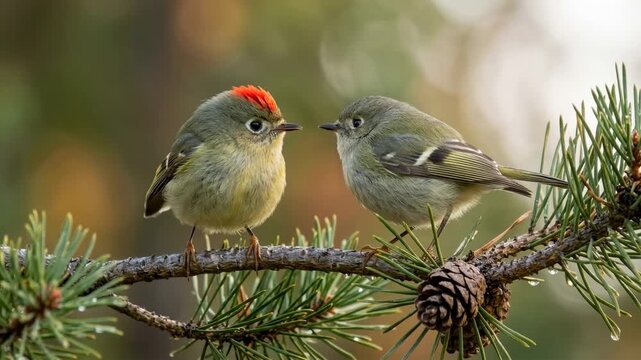 two ruby crowned kinglets singing close up on a pine tree at morning light in yosemite national park california video