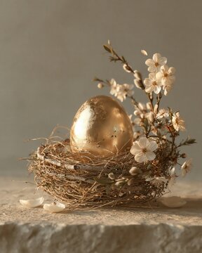 a single champagne gold Easter egg resting inside a delicate natural nest woven from thin birch twigs