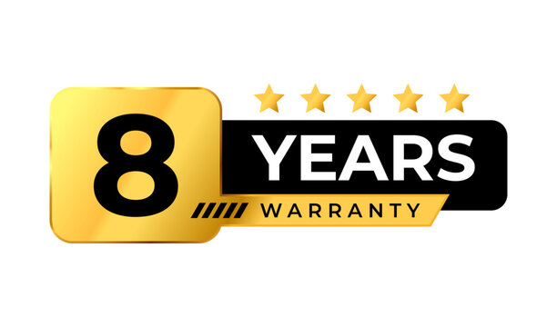 Golden 8 years warranty badge Logo. Premium luxury warranty gold label. Perfect for icon, sticker, sign, symbol, seal, banner, emblem, stamp, tag, award, button, insignia. Vector Illustration