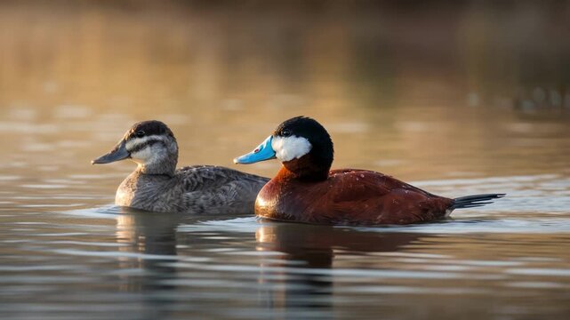 two ruddy ducks close up on a lake at morning light in everglades national park florida video