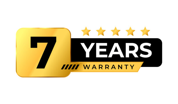 Golden 7 years warranty badge Logo. Premium luxury warranty gold label. Perfect for icon, sticker, sign, symbol, seal, banner, emblem, stamp, tag, award, button, insignia. Vector Illustration