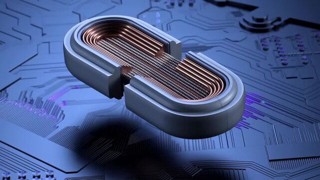 Electronic component opens to reveal a copper coil above an illuminated circuit board. Technology presentations, electronics product explainers, and engineering education.