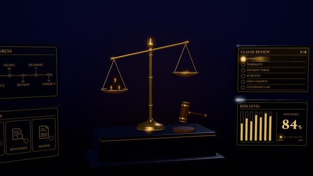 Gold scales of justice balance as clause review completes and legal risk index drops from 84 to 12 percent