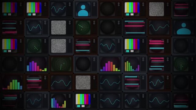 Vintage television wall with colorful data and test patterns