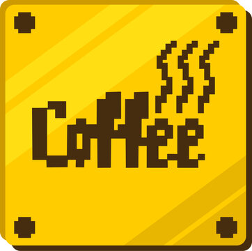 Pixelated golden metallic box icon featuring a coffee message, representing caffeine, warmth, and refreshment icon