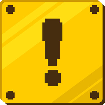 Pixelated golden metallic box icon featuring an exclamation mark symbol, representing warning, danger, and caution icon