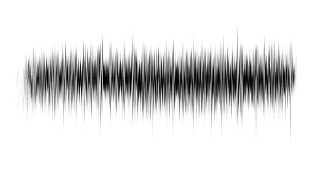 Abstract black audio waveform visualization isolated on a white background featuring vertical lines representing sound frequency amplitude and digital signal data patterns