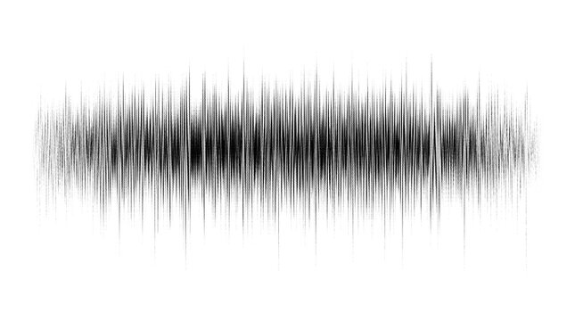A black and white digital audio waveform visualization featuring a central horizontal sound wave pattern isolated on a clean white background
