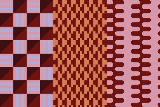 Vector Geometric seamless pattern collection featuring abstract wavy shapes, diamond motifs, and decorative stars, retro designs for wallpaper, fabric, wrapping paper, and surface decoration