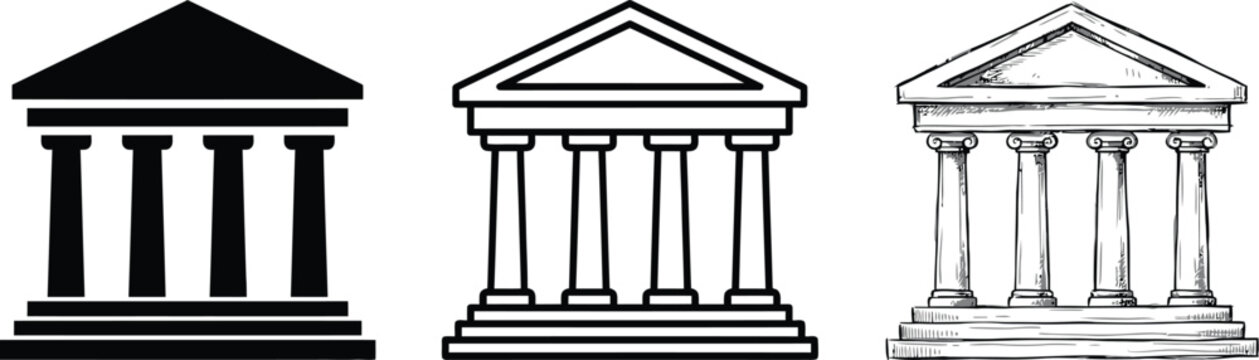 bank building vector icon with pillars in solid, outline, and sketch styles for financial, legal, and historical concepts.