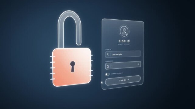 Login screen sign in form fills username and password as padlock locks and shows access granted checkmark