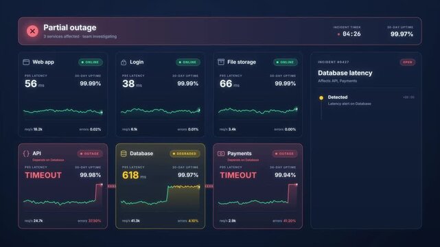 System status dashboard tracks a database incident from partial outage to fix deploy and full service recovery