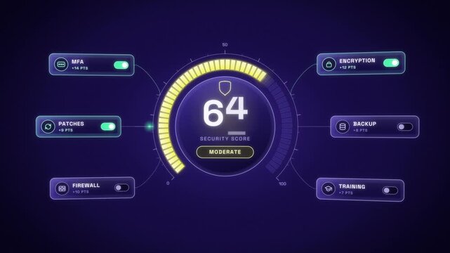 Security score gauge rises from at risk to protected as MFA, encryption, firewall and backup toggles switch on