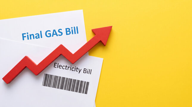 Red arrow showing inflation gas and electricity bill energy economy costs rise. Financial crisis recession. stock price increase falling, bankruptcy risk loss, chart graph statistic