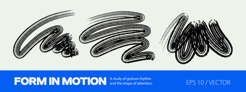 Hand drawn brush lines set. Abstract shapes, wavy black ribbons. Wave design elements. Spiral zigzag geometric vector isolated illustration