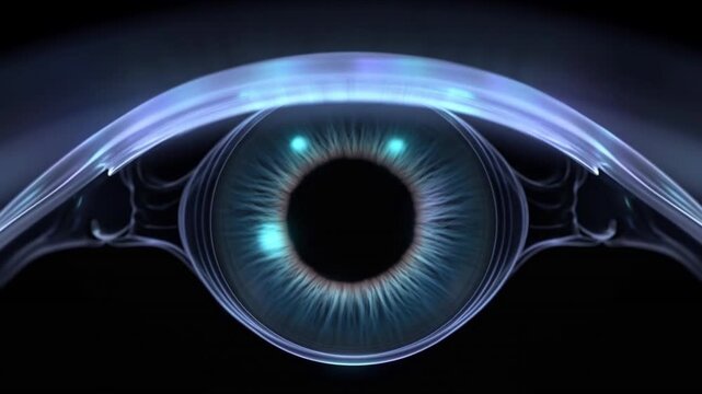 水晶のような眼球前眼部が暗所空間で青紫色の光を放つ平衡状態の様子