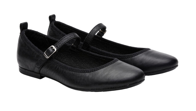 Pair of black leather Mary Jane shoes with buckled straps