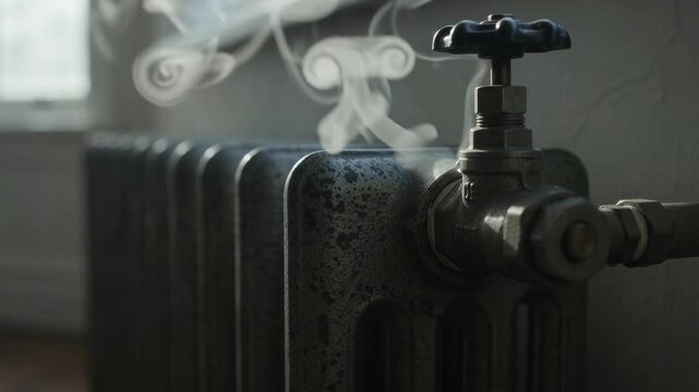 Old radiator valve venting wisps of steam in morning light