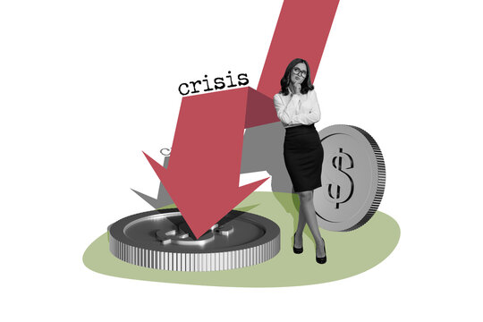 Composite trend artwork photo collage of crisis banner decrease loss money inflation devaluation pile coin arrow down lady stand think