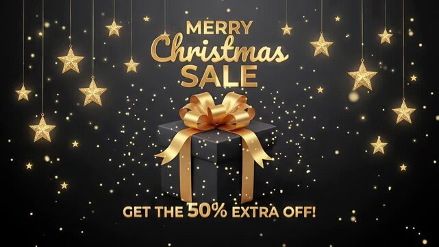 Merry Christmas Sale Get 50 Percent Extra Off Shop Now Holiday Retail Discount Gold Gift Box Motion Graphic Loop
