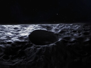 Crater on the surface of a stone satellite. Surface of a distant planetary moon, as seen from space. © Nazarii