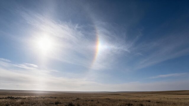 An atmospheric sun dog rainbow phenomenon with vertical light pillar shining over an expansive prairie field under a blue sky