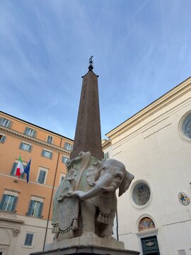 Historic Bernini Elephant Statue Head Detail in Rome, Italy