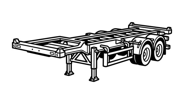 Container Chassis Trailer: A detailed line drawing of a container chassis trailer, showcasing its robust frame, dual wheels, and locking mechanisms, ready for heavy-duty transport.
