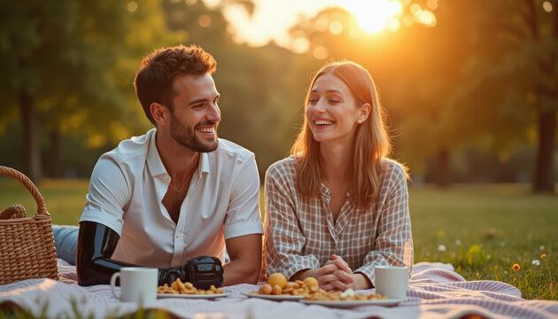 Romantic picnic with happy couple enjoying snacks in sunset. Romantic picnic setup features delicious food including fruits and pastries on blanket. Ideal romantic picnic concept for outdoor dates.