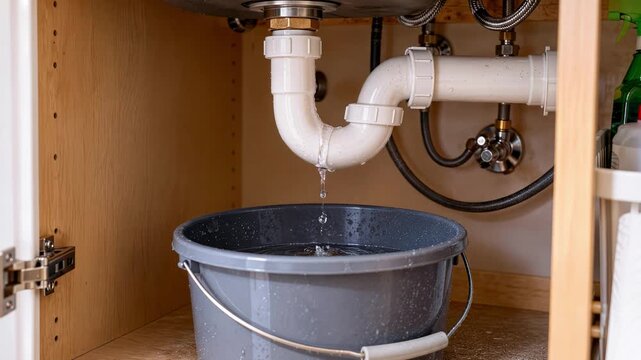 Sink drain pipe leaking water into plastic bucket inside kitchen cabinet. Home plumbing damage and emergency repair concept. Lockdown shot with subtle tilt.