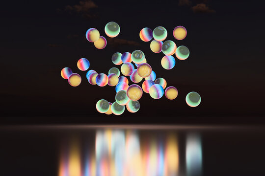 Cluster of glowing 3D orbs above shimmering reflections