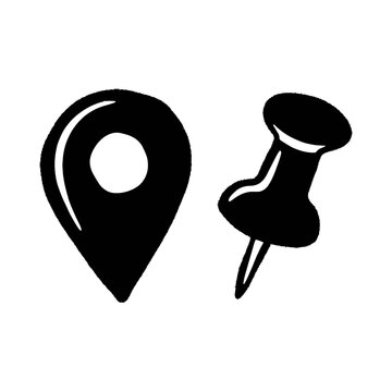 Hand drawn black map pin and pushpin icons featuring a sketchy textured style for navigation and office organization