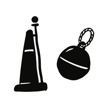 Hand drawn black ink illustration of a traffic cone and a heavy wrecking ball for construction and demolition themes