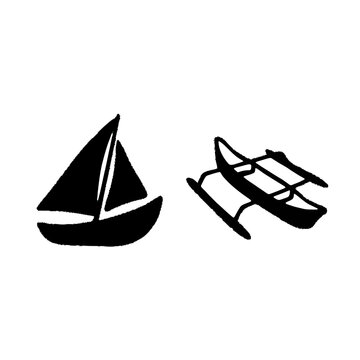 Minimalist hand drawn black ink sailboat and outrigger canoe icons for nautical design projects
