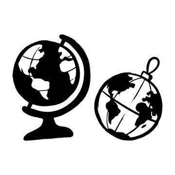 Hand drawn black and white desk globe and world map ornament representing global travel and holiday education for school or home decor projects