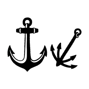 Hand drawn black nautical anchor silhouettes with textured edges for maritime design