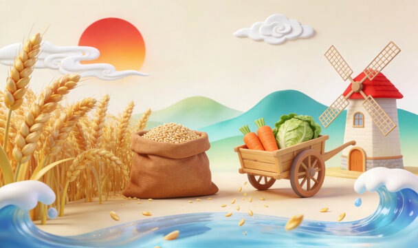 3D clay rural harvest illustration, wheat sack, wooden cart with vegetables, windmill, sunrise and layered green mountains