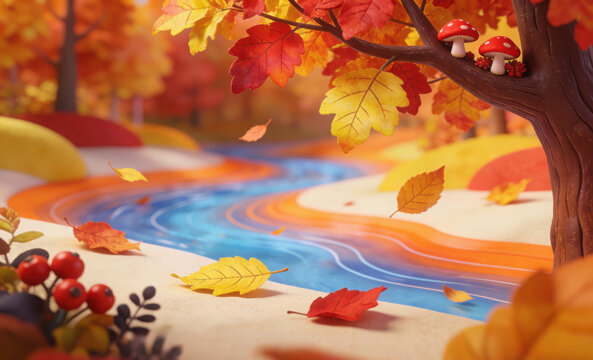 Cute 3D autumn forest scene with colorful maple leaves, winding stream, red mushrooms and wild berries