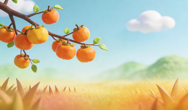 3D clay style persimmon branch full of ripe orange persimmons, golden grassland, distant green hills and blue sky