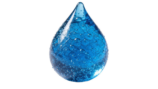 Blue glass teardrop sculpture with internal honeycomb pattern and air bubbles