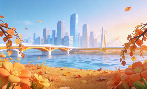 3D clay style autumn city scenery, river, cable-stayed bridge, modern skyscrapers, fallen leaves and autumn flowers