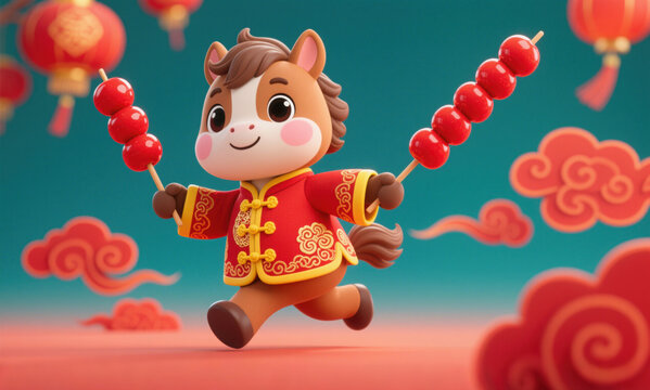 3D clay style cartoon horse mascot in red Chinese New Year costume, holding candied haws, greeting with raised hand, red lanterns and traditional Chinese lattice background for Spring Festival